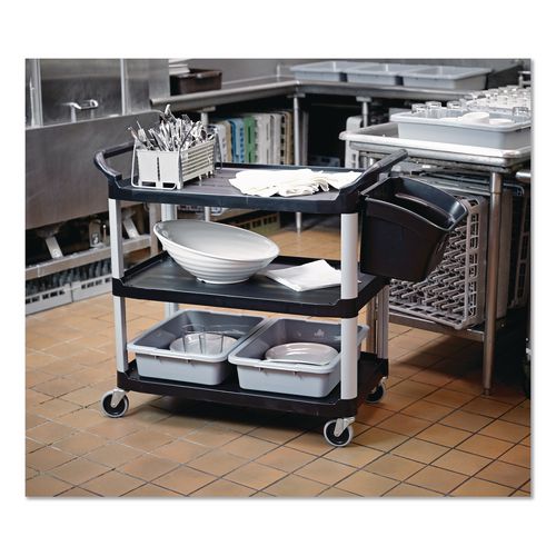 Image of Rubbermaid® Commercial FG409100BLA Xtra Utility Cart with Open Sides, Plastic, 3 Shelves, 300 lb Capacity, 40.63" x 20" x 37.81", Black