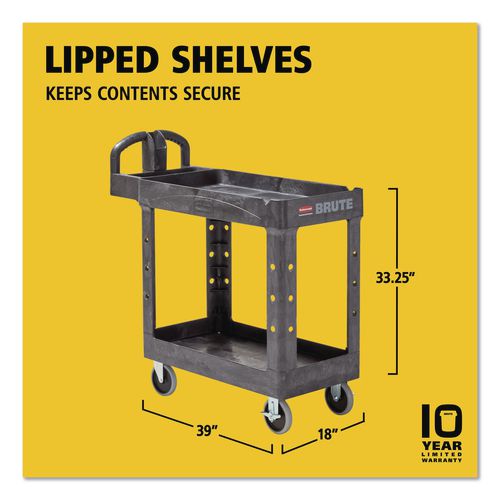 Image of Rubbermaid® Commercial FG450088BLA BRUTE Heavy-Duty Utility Cart with Lipped Shelves, Plastic, 2 Shelves, 500 lb Capacity, 17.13" x 38.5" x 38.88", Black
