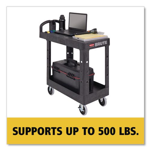 Image of Rubbermaid® Commercial FG450500BLA Flat Shelf Utility Cart, Plastic, 2 Shelves, 500 lb Capacity, 19.19" x 37.88" x 33.33", Black