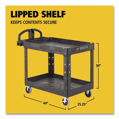 Image of Rubbermaid® Commercial FG452088BLA BRUTE Heavy-Duty Utility Cart with Lipped Shelves, Plastic, 2 Shelves, 500 lb Capacity, 25.9" x 45.2" x 32.2",  Black