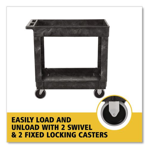 Image of Rubbermaid® Commercial FG452089BLA Heavy-Duty Utility Cart with Lipped Shelves, Plastic, 2 Shelves, 500 lb Capacity, 25.78" x 45.25" x 33.25", Black