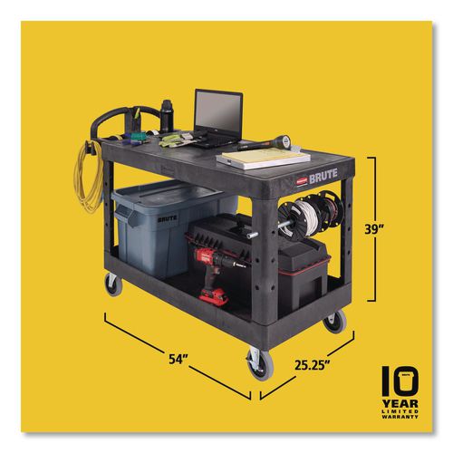 Image of Rubbermaid® Commercial FG454500BLA Heavy-Duty Utility Cart with Flat Shelves, Plastic, 2 Shelves, 500 lb Capacity, 25.25" x 54" x 36", Black