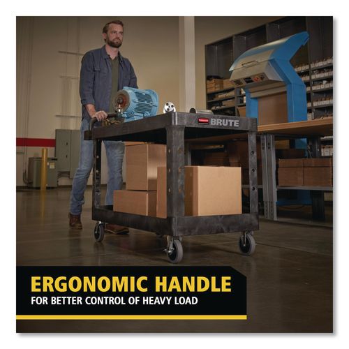 Image of Rubbermaid® Commercial FG454500BLA Heavy-Duty Utility Cart with Flat Shelves, Plastic, 2 Shelves, 500 lb Capacity, 25.25" x 54" x 36", Black