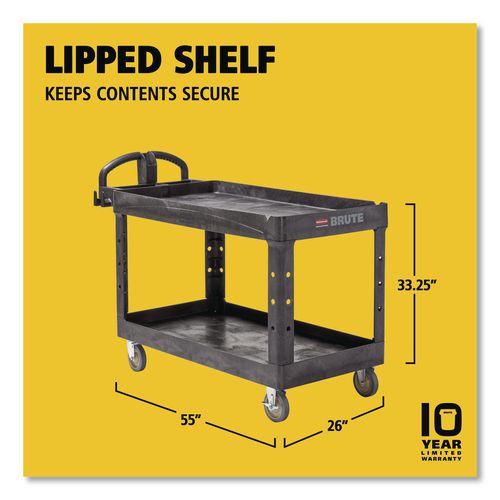 Image of Rubbermaid® Commercial FG454600BLA BRUTE Heavy-Duty Utility Cart with Lipped Shelves, Plastic, 2 Shelves, 750 lb Capacity, 26" x 55" x 33.25", Black