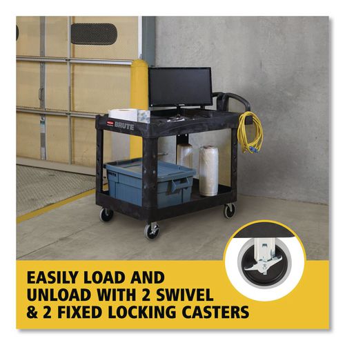 Image of Rubbermaid® Commercial FG454600BLA BRUTE Heavy-Duty Utility Cart with Lipped Shelves, Plastic, 2 Shelves, 750 lb Capacity, 26" x 55" x 33.25", Black