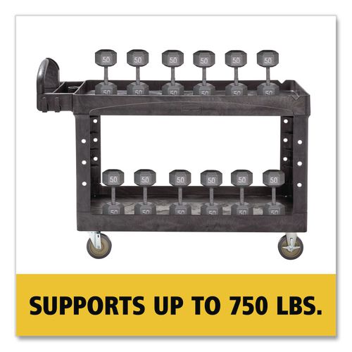 Image of Rubbermaid® Commercial FG454600BLA BRUTE Heavy-Duty Utility Cart with Lipped Shelves, Plastic, 2 Shelves, 750 lb Capacity, 26" x 55" x 33.25", Black