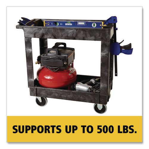 Image of Rubbermaid® Commercial FG9T6600BLA Heavy-Duty Flat-Handle Maintenance/Utility Cart, Plastic, 2 Shelves, 500 lb Capacity, 34.13" x 17.38" x 32.38", Black
