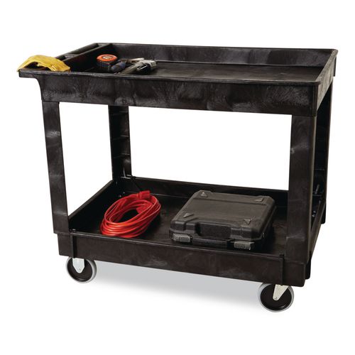 Image of Rubbermaid® Commercial FG9T6700BLA Heavy-Duty Flat-Handle Maintenance/Utility Cart, Plastic, 2 Shelves, 500 lb Capacity, 24" x 40" x 31.25", Black