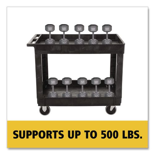 Image of Rubbermaid® Commercial FG9T6700BLA Heavy-Duty Flat-Handle Maintenance/Utility Cart, Plastic, 2 Shelves, 500 lb Capacity, 24" x 40" x 31.25", Black