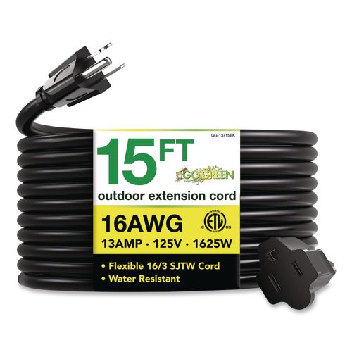 Image of GoGreen Power GG-13715BK 16 AWG Outdoor Extension Cord, 15 ft, 13 A, Black