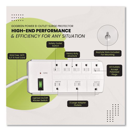 Image of GoGreen Power GG-18316WH 8 Outlet Surge Protector, 6 ft Cord, 750 J, White