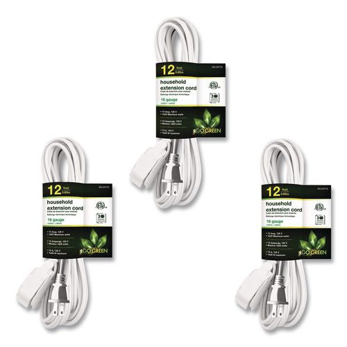 Image of GoGreen Power Household Extension Cord, 12 ft, 13 A, White, 3/Pack