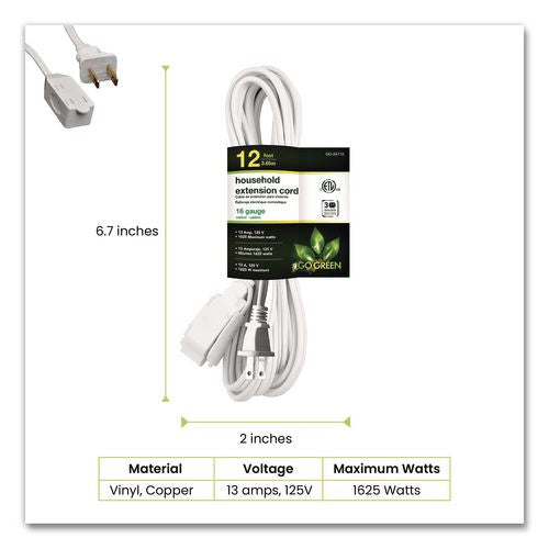 Image of GoGreen Power Household Extension Cord, 12 ft, 13 A, White, 3/Pack