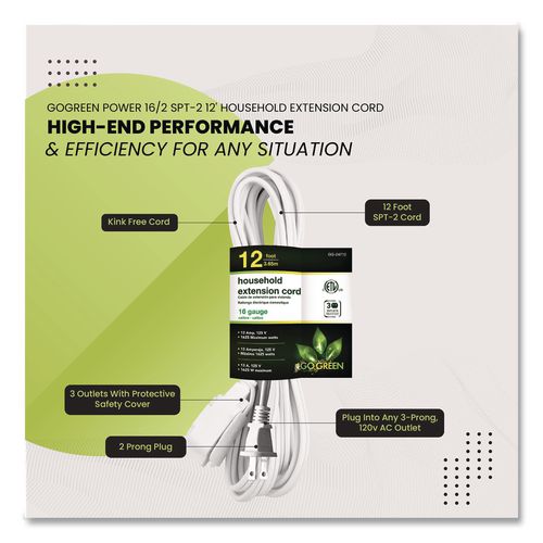 Image of GoGreen Power Household Extension Cord, 12 ft, 13 A, White, 3/Pack