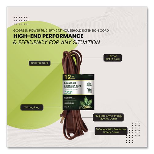 Image of GoGreen Power GG-24812-3 Household Extension Cord, 12 ft, 13 A, Brown, 3/Pack