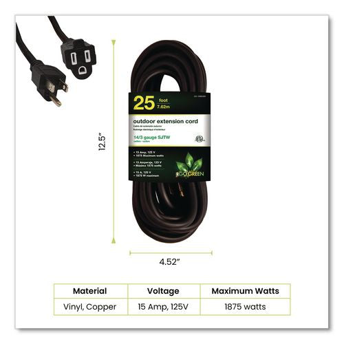 Image of GoGreen Power GG-13825BK 14 AWG Outdoor Extension Cord, 25 ft, 15 A, Black