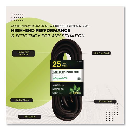 Image of GoGreen Power GG-13825BK 14 AWG Outdoor Extension Cord, 25 ft, 15 A, Black