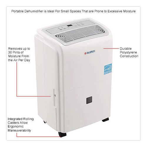 Image of Global Industrial® 246731 Portable Dehumidifier, 9.62 x 9.62 x 19.68, White