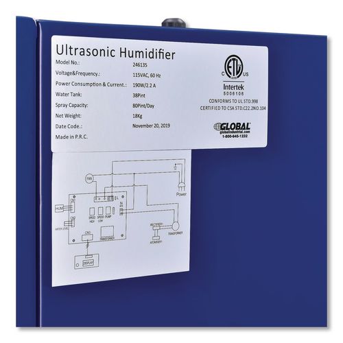 Image of Global Industrial® 246136 Ultrasonic Humidifier, 38 pt Tank Capacity, 150 pt Output, 13.75 x 23.62 x 18.25, Blue
