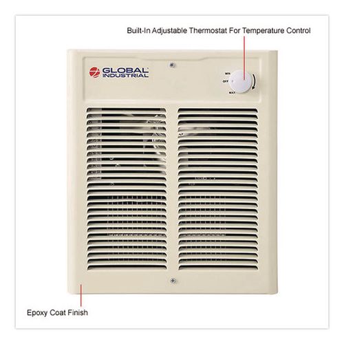 Image of Global Industrial® 246744 Fan Forced Wall Heater, Shaded Pole Motor, 1,500 W, 10.63 x 4.75 x 12.25, White
