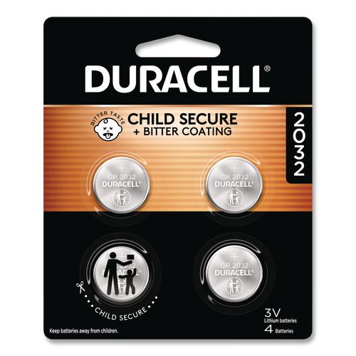 Image of Duracell® DL2032B4PK Lithium Coin Batteries With Bitterant, 2032, 4/Pack