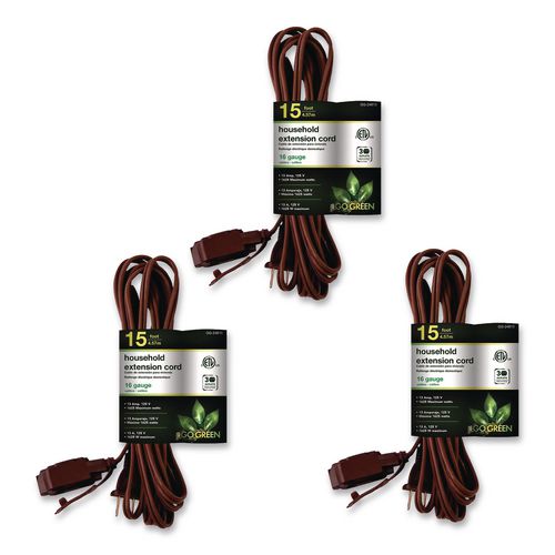 Image of GoGreen Power GG-24815-3 Household Extension Cord, 15 ft, 13 A, Brown, 3/Pack