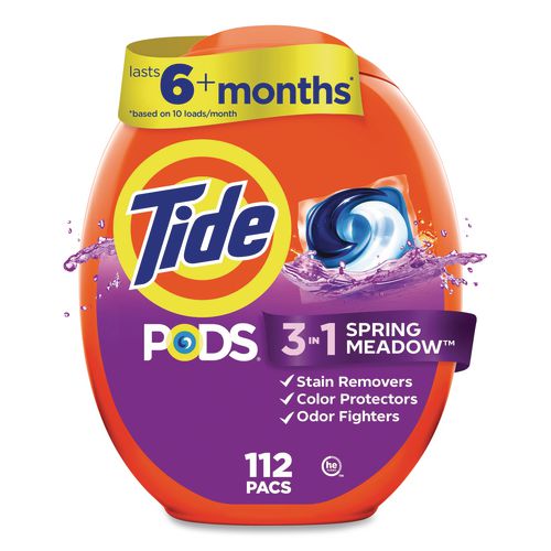 Image of Tide® 80870797 Pods, HE Compatible, Spring Meadow, 85 oz, 112 Pods/Tub, 4 Tubs/Carton