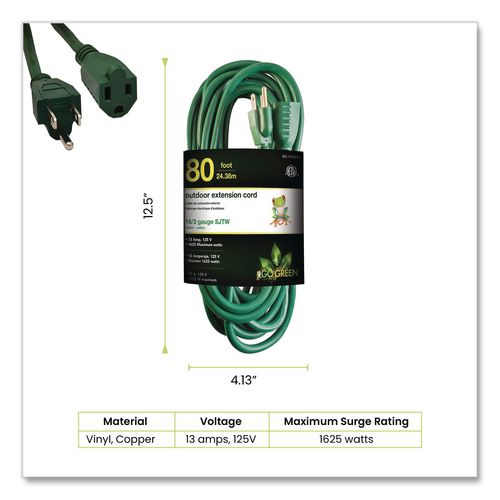 Image of GoGreen Power GG-13780GN 16 AWG Outdoor Extension Cord, 80 ft, 10 A, Green