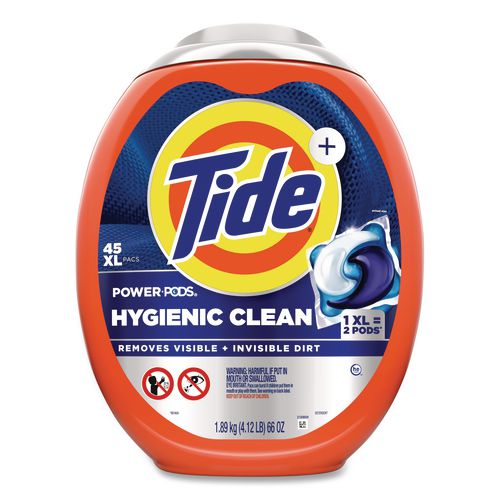 Image of TideÂ® Hygienic Clean Heavy 10x Duty Power Pods, HE Compatible, Original Scent, 76 oz Tub, 45 Pods, 4/Carton
