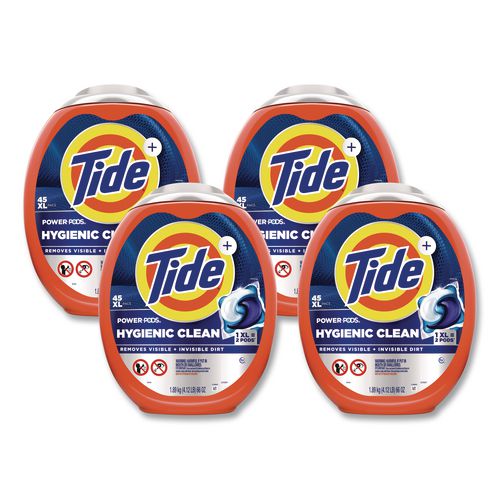 Image of TideÂ® Hygienic Clean Heavy 10x Duty Power Pods, HE Compatible, Original Scent, 76 oz Tub, 45 Pods, 4/Carton
