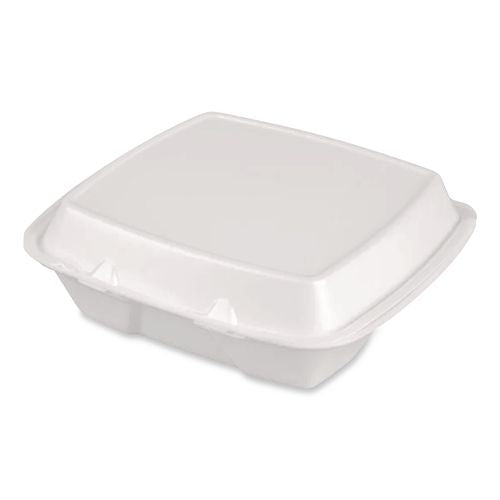 Image of Plastifar 12095 Foam Hinged Lid Container, Secure Two Tab Latch, Poly Bag, 9 X 9 X 3, White, 100/bag, 2 Bags/carton