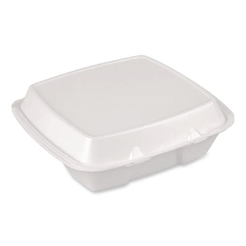 Image of Plastifar 12095 Foam Hinged Lid Container, Secure Two Tab Latch, Poly Bag, 9 X 9 X 3, White, 100/bag, 2 Bags/carton
