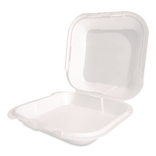Image of Plastifar 12095 Foam Hinged Lid Container, Secure Two Tab Latch, Poly Bag, 9 X 9 X 3, White, 100/bag, 2 Bags/carton