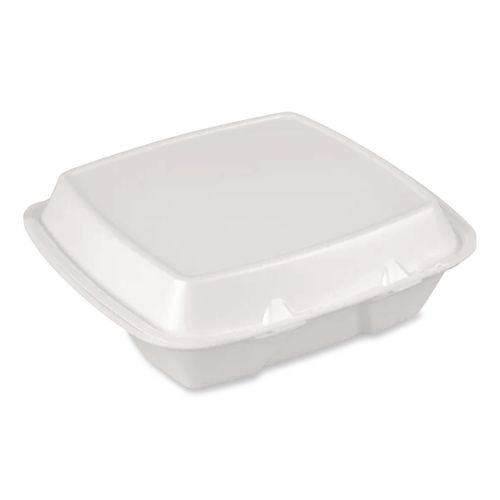 Image of Plastifar Foam Hinged Lid Container, Secure Two Tab Latch, Poly Bag, 3 Compartments, 9 x 9 x 3, White, 100/Bag, 2 Bags/Carton
