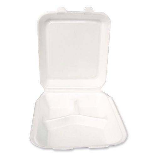 Image of Plastifar Foam Hinged Lid Container, Secure Two Tab Latch, Poly Bag, 3 Compartments, 9 x 9 x 3, White, 100/Bag, 2 Bags/Carton
