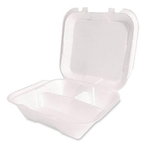 Image of Plastifar Foam Hinged Lid Container, Secure Two Tab Latch, Poly Bag, 3 Compartments, 9 x 9 x 3, White, 100/Bag, 2 Bags/Carton