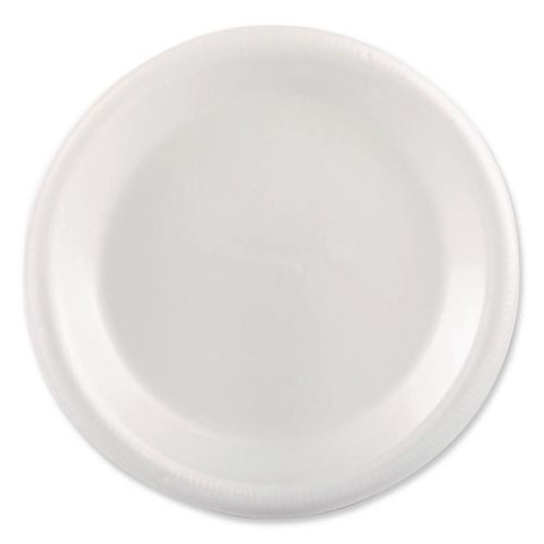 Image of Plastifar Foam Dinnerware, Plate, 9" dia, Poly Bag, White, 125/Sleeve, 4 Sleeves/Pack