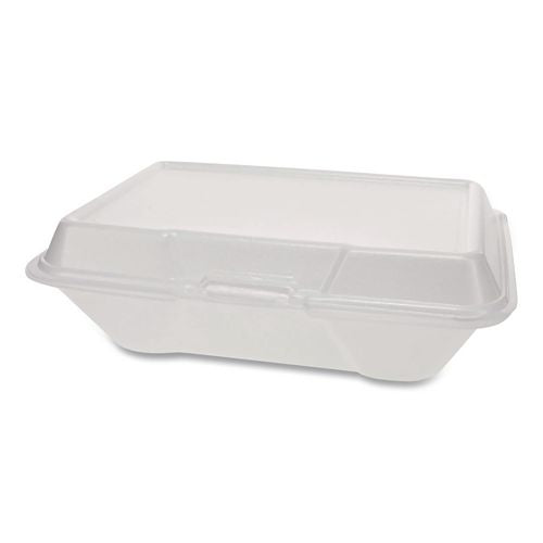 Image of Plastifar Foam Hinged Lid Container Secure One Tab Latch, 3 Compartments, 7.81 x 8.75 x 3.38, White, 100/Sleeve, 2 Sleeves/Bag
