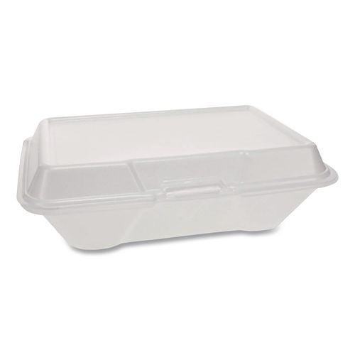 Image of Plastifar Foam Hinged Lid Container Secure One Tab Latch, 3 Compartments, 7.81 x 8.75 x 3.38, White, 100/Sleeve, 2 Sleeves/Bag