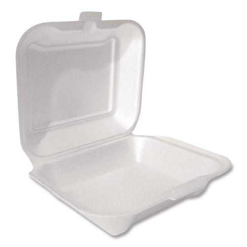 Image of Plastifar Foam Hinged Lid Container Secure One Tab Latch, 3 Compartments, 7.81 x 8.75 x 3.38, White, 100/Sleeve, 2 Sleeves/Bag