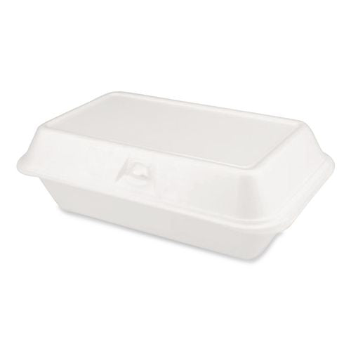 Image of Plastifar Foam Hinged Lid Container, Secure One Tab Latch, Poly Bag, 7.81 X 8.75 X 3.38, White, 100/sleeve, 2 Sleeves/bag, 1 Bag/pack