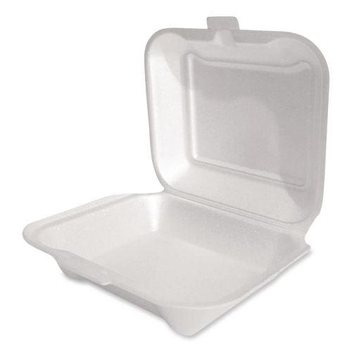 Image of Plastifar Foam Hinged Lid Container, Secure One Tab Latch, Poly Bag, 7.81 X 8.75 X 3.38, White, 100/sleeve, 2 Sleeves/bag, 1 Bag/pack
