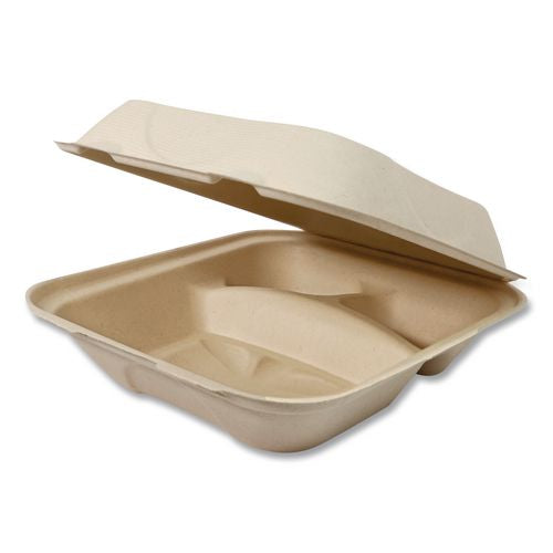 Image of World Centric® TO-SC-U8T-LFP Fiber Hinged Takeout Containers, 3 Compartments, 8.8 x 8.2 x 2.9, Natural, Paper, 300/Carton
