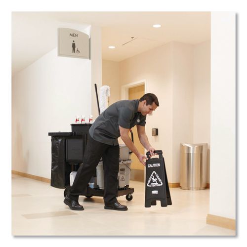 Image of Rubbermaid® Commercial 1867505 Executive 2-Sided Multi-Lingual Caution Sign, Black/White, 10.9 x 26.1