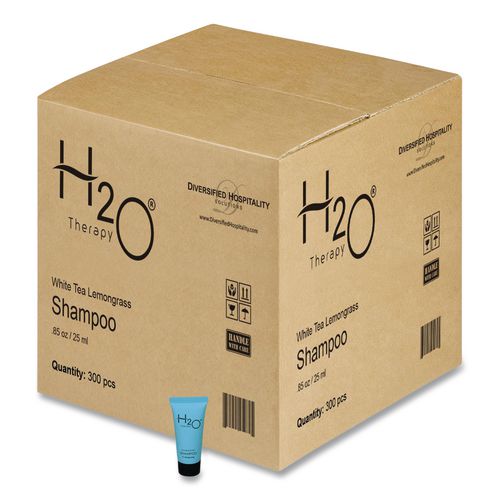Image of Diversified Hospitality Solutions H2O06S085 H2O Therapy Shampoo Single Use, White Tea and Lemongrass Scent, 0.85 oz Tube, 300/Carton