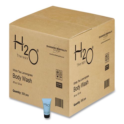 Image of Diversified Hospitality Solutions H2O09W085 H2O Therapy Body Wash Single Use, White Tea and Lemongrass, 0.85 oz, 300/Carton