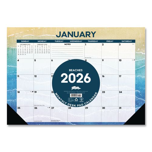 Image of Willow Creek Press 57070 Beaches Monthly Desk Pad Calendar, 17 x 12, White/Multicolor Sheets, Black Headband/Corners, 12-Month (Jan to Dec) 2026