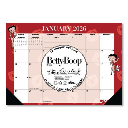 Image of Willow Creek Press 57087 Betty Boop Small Monthly Desk Pad Calendar, 17 x 12, Red/White Sheets, Black Headband, Black Corners, 12-Month (Jan-Dec) 2026