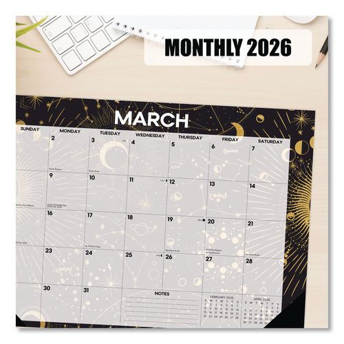 Image of Willow Creek Press 57100 Celestial Small Monthly Desk Pad Calendar, 17 x 12, Black/Gold/Gray Sheets, Black Headband/Corners, 12-Month (Jan-Dec) 2026