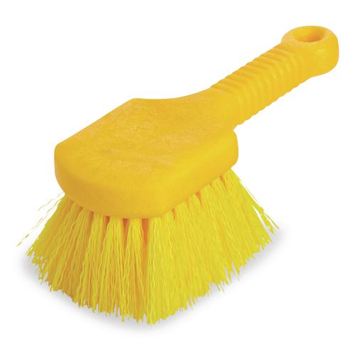 Image of Rubbermaid® Commercial FG9B2900YEL Long Handle Scrub Brush, Yellow Synthetic Bristles, 8" Brush, 8" Gray Plastic Handle